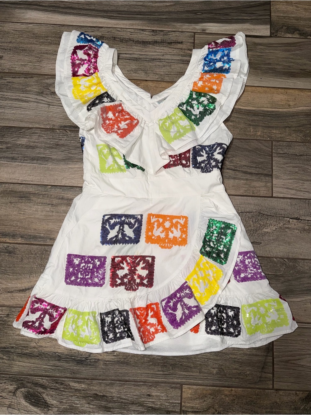 QUEEN OF SPARKLES White Dress with Multicolor Square Embroidery